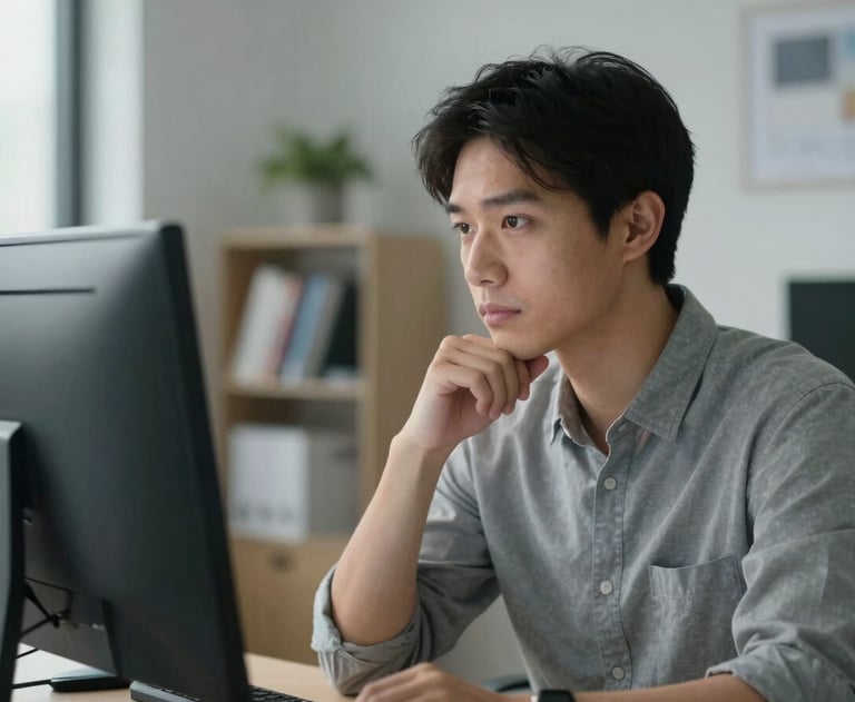 A person looking thoughtfully at a computer screen in a bright office, with a soft-focus background of books and professional decor. North American / US context.