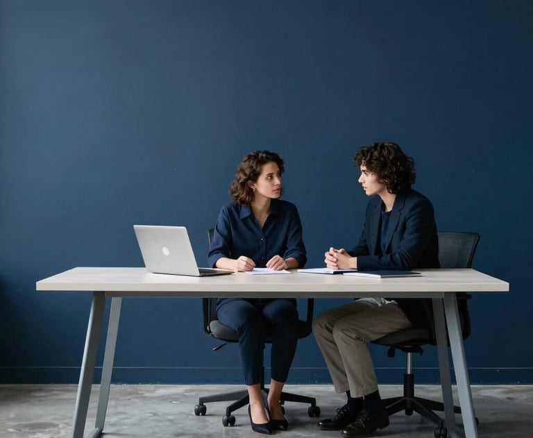 A minimalist office where a consultation is taking place. Clean, modern industrial aesthetic. Tones of deep navy blue and pale gray. General / Spanish-speaking.