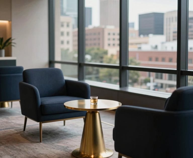 A high-end modern business lounge in Houston. Dark navy chairs, gold side tables, and a view of the city. Calm and professional environment. North American / Hispanic style.
