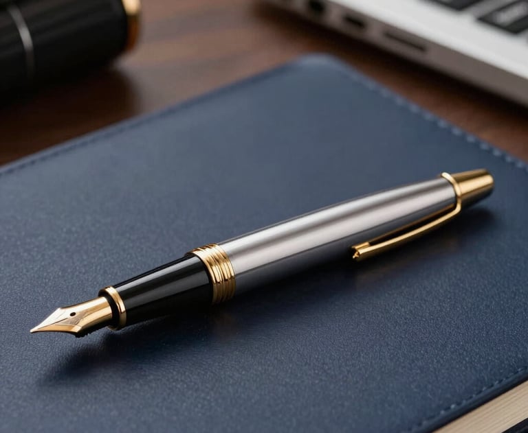 A sleek, gold-accented fountain pen resting on a dark navy blue executive desk. Professional and high-end atmosphere.