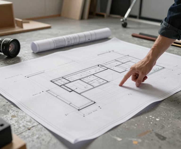 A professional wide-angle shot of a film studio floor with a large blueprint laid out on the ground, surrounded by construction materials. A figure is pointing at a detail. The tone is artistic and technical.