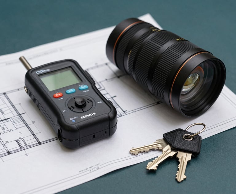 A technical photograph of a film set structural plan beside a professional light meter and a set of master keys on a dark teal surface. Professional and artistic lighting.