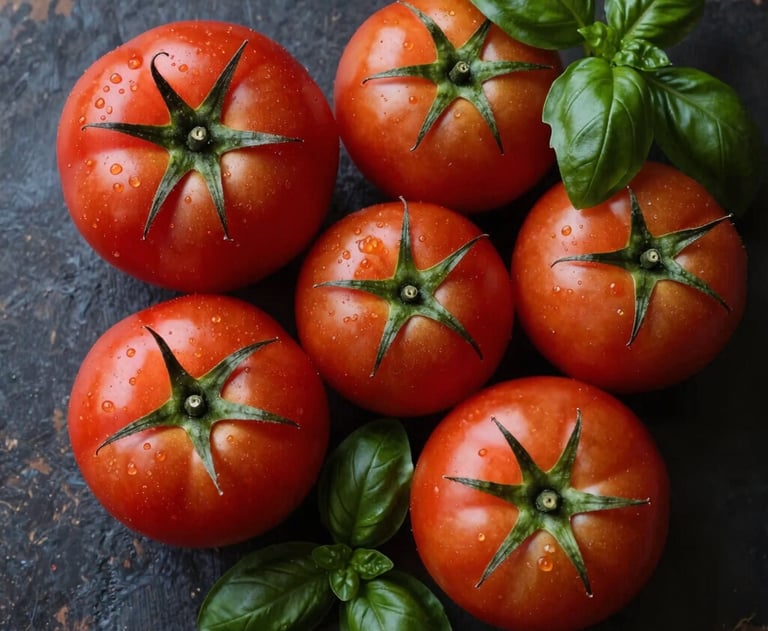 A flat lay of fresh, ripe tomatoes on a rustic dark surface, with natural light coming from the side and a sprig of forest green basil.
