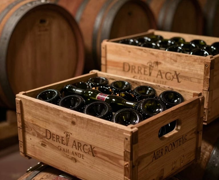 A moody, close-up photograph of a vintage wine cellar in Europe, with warm lighting and bottles stacked in wooden crates, creating an atmosphere of heritage and quality.