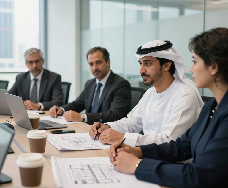 Candid photography of a professional meeting in a bright, glass-walled office in Dubai, with focus on project blueprints and coffee cups, Gulf region professional attire.