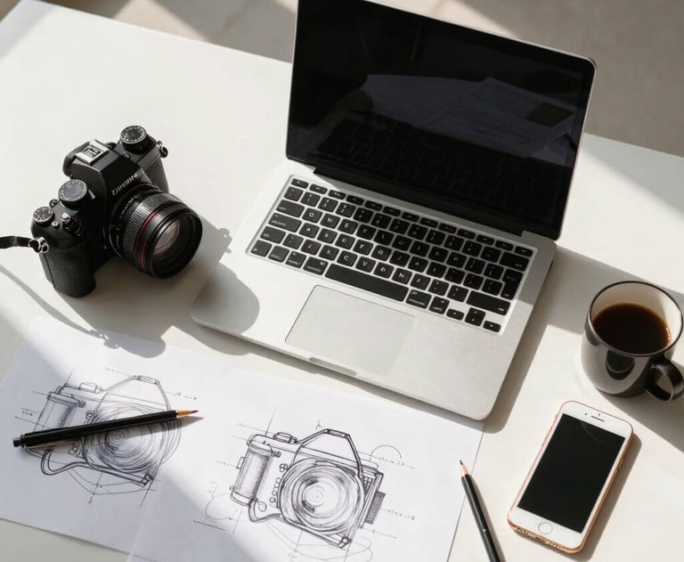 A top-down view of a professional designer's desk with a laptop, camera, and sketches, bathed in early morning Dubai sunlight.