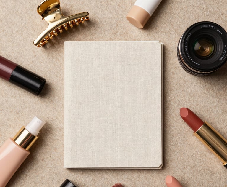 An overhead aesthetic flat lay of various curated beauty products, a stylish gold hair clip, and a linen notepad on a textured neutral sand-colored background. Bright, quirky, and natural lighting.