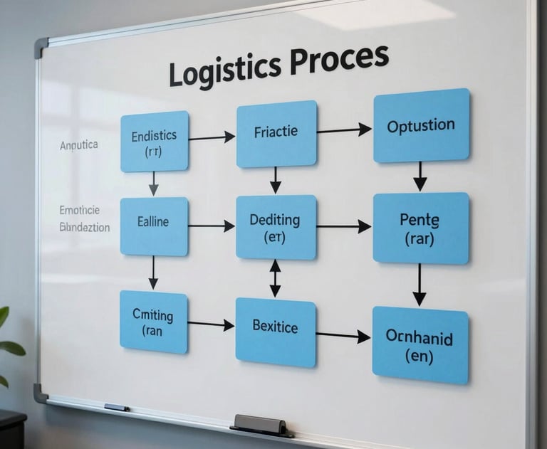 Flowchart on a whiteboard showing a logistics process optimization plan in a professional Argentine office, steel blue and light blue palette.