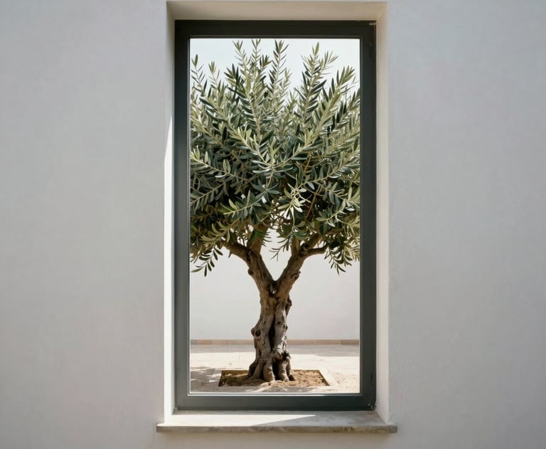 A tall, narrow window showing a view of a minimalist courtyard with a single olive tree. Clean architectural composition.