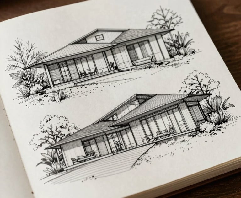 An architect's sketchbook with hand-drawn sections of a villa. Precise and artistic line work.
