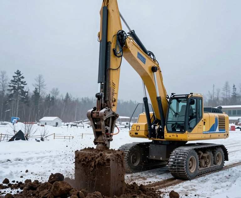 Action shot of a geotechnical drill rig extracting soil cores at a snowy North American site. The colors are cold mist blues and midnight slate, emphasizing rugged reliability.