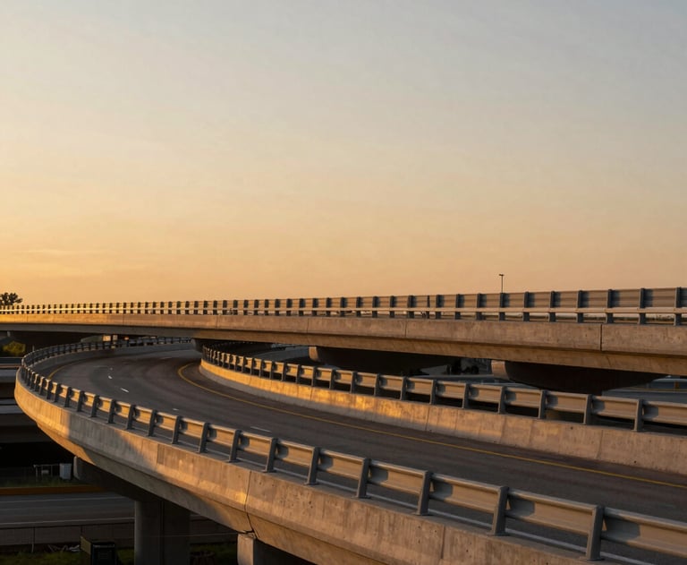 Wide-angle photograph of a finished North American highway interchange at sunset. The sleek concrete curves and steel safety barriers are illuminated by golden light, representing civil engineering success.