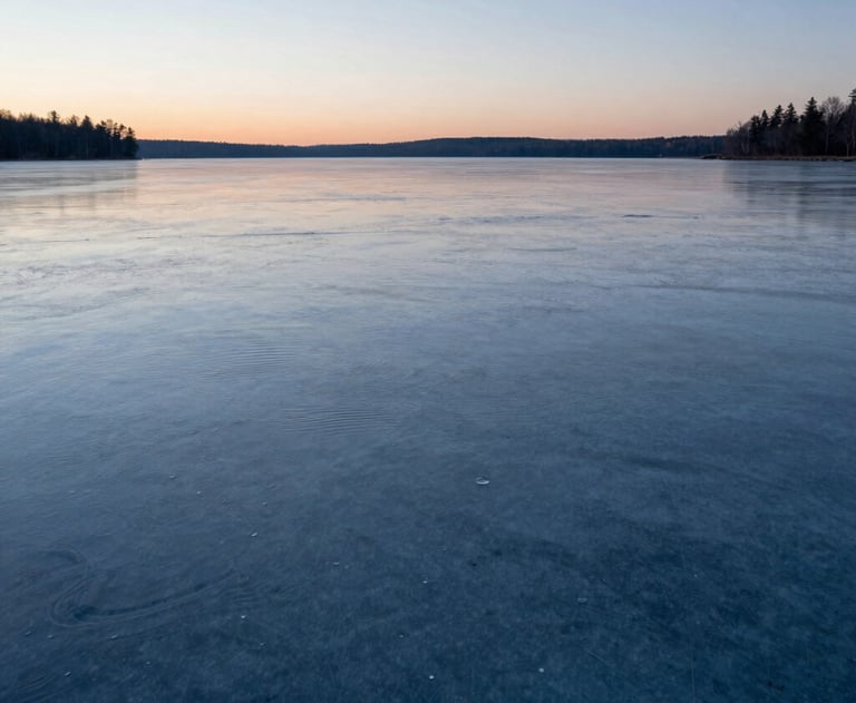 A serene, minimalist image of a calm frozen lake at dawn in North America, with subtle ripples and a soft ice blue and charcoal color palette. Evokes a sense of order and calm.