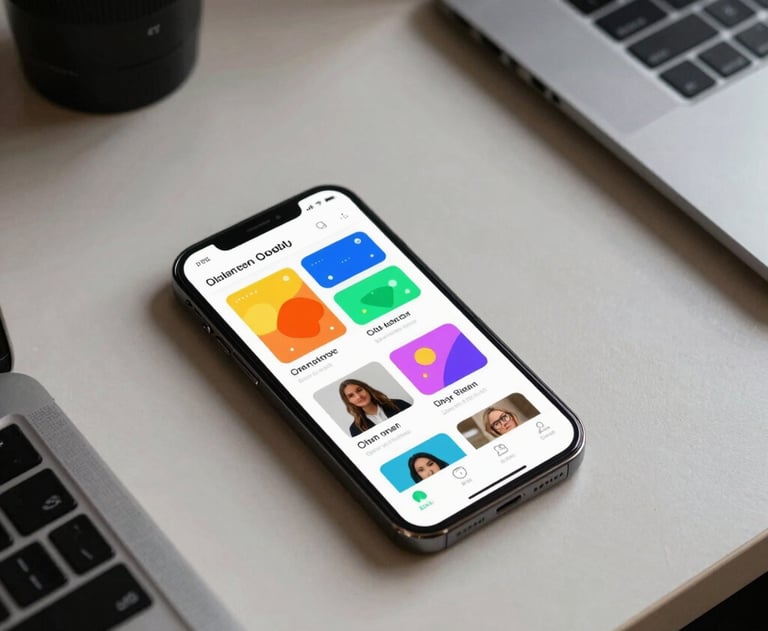 Clean, high-angle shot of a digital designer's desk in a North American / US creative space. A smartphone displays a colorful, approachable app prototype.
