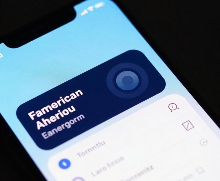 Macro shot of a high-resolution smartphone screen showing a clean app interface with sky blue and navy blue elements. North American / US studio lighting.