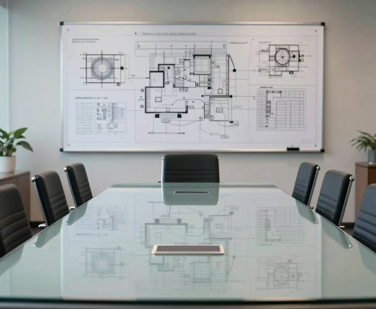 A photograph of a high-tech conference room in a US office, with a large glass table and a backdrop of blueprints on the wall, showing an atmosphere of professional innovation.