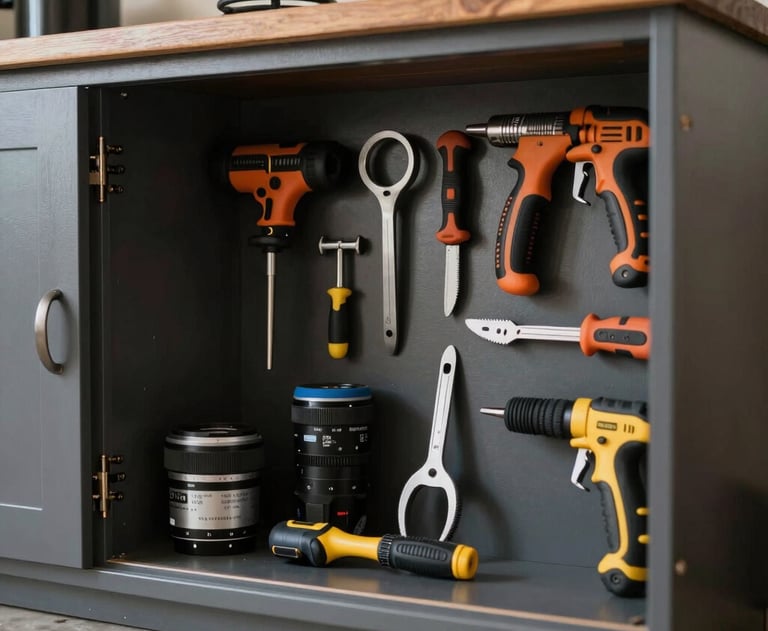 A photograph showing a collection of high-tech home maintenance tools neatly organized in a custom-built cabinet within a North American garage.