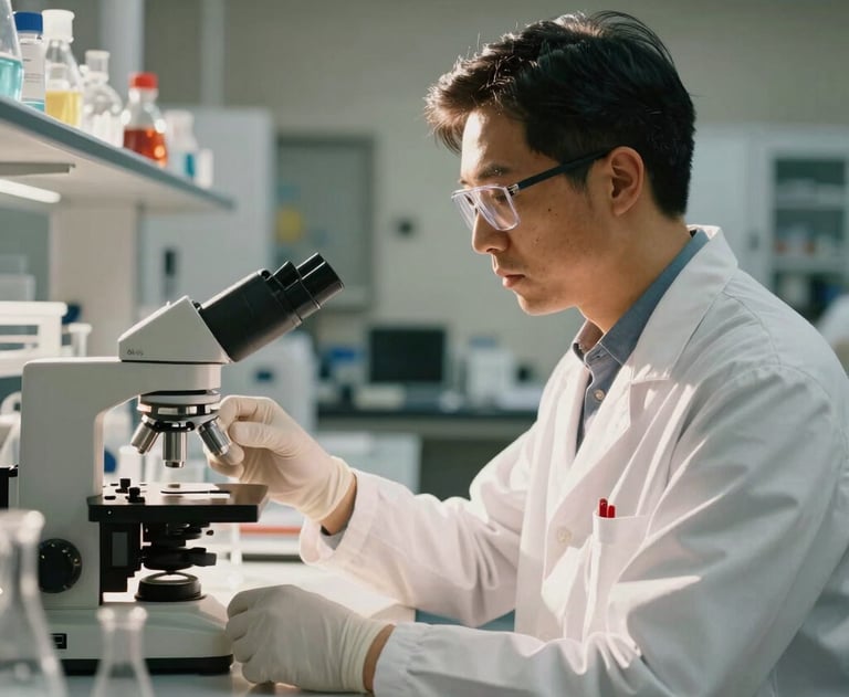 Candid photo of a scientist working in a modern, warm North American / US lab. Cinematic sun-drenched lighting, professional and authentic feel.
