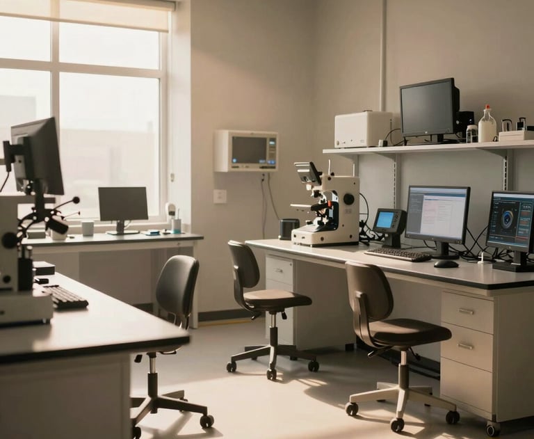 Cinematic shot of a modern North American / US tech lab with warm sun-drenched lighting and professional equipment. Soft sand tones.