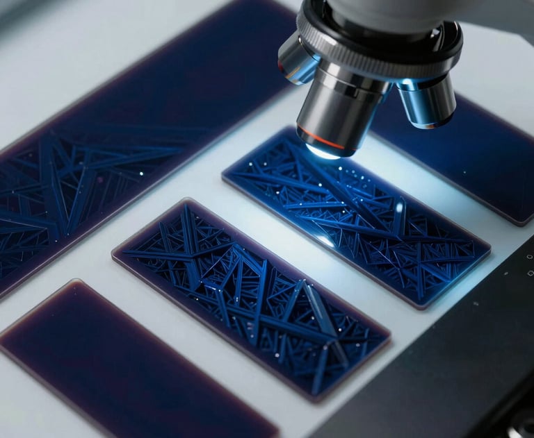 A series of laboratory slides viewed through a microscope, with geometric crystalline structures in shades of navy and blue.