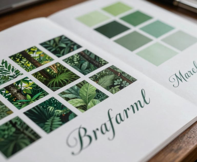 Atmospheric close-up of a designer's desk in Brazil with forest green color samples and elegant typography sketches, natural lighting.