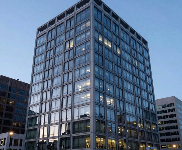 A professional landscape photo of a modern corporate building in a North American US tech district during twilight, blue-toned windows.