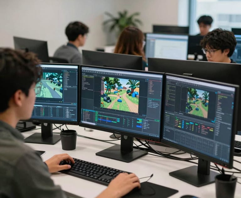 A dynamic shot of a tech team in a North American US office, using high-end monitors showing 3D wireframes of a game level.