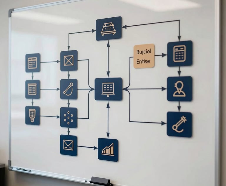 A flow chart on a digital whiteboard in an engineering office. Sharp focus on technical icons and connecting lines. Palette of navy and tan.