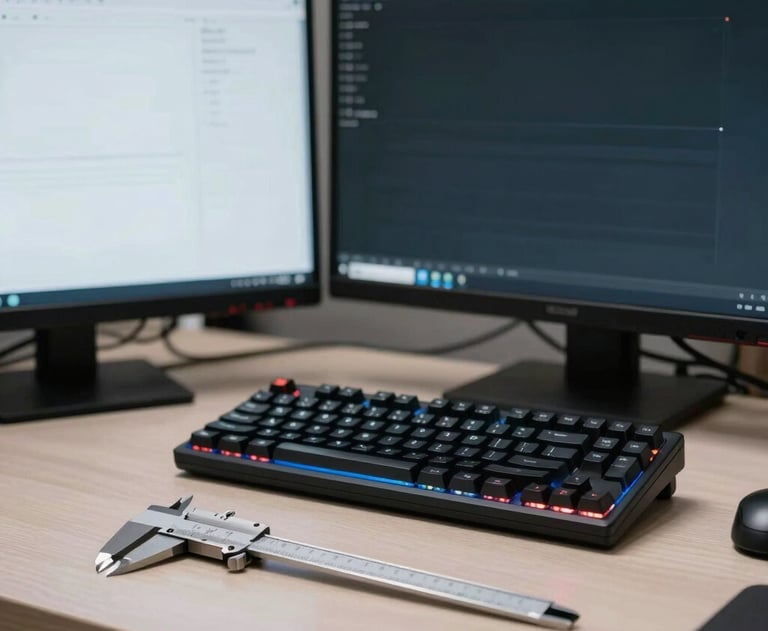 Clean workspace showing a technical workstation with two large screens, a mechanical keyboard, and a high-precision caliper lying on a table. Precision and detail orientation.