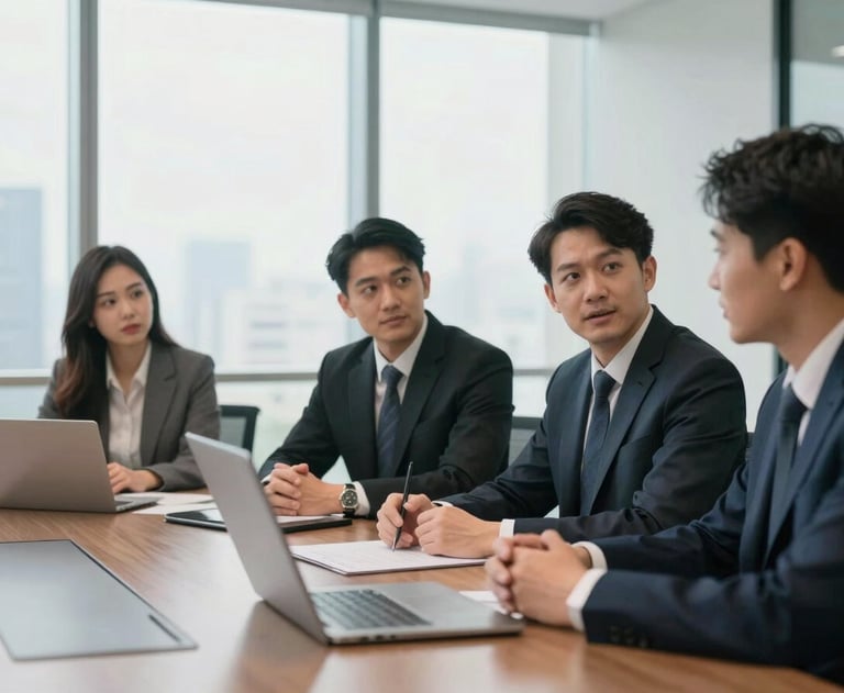 Clean photography of a group of Southeast Asian business people in a high-rise office boardroom having a discussion, soft natural light.