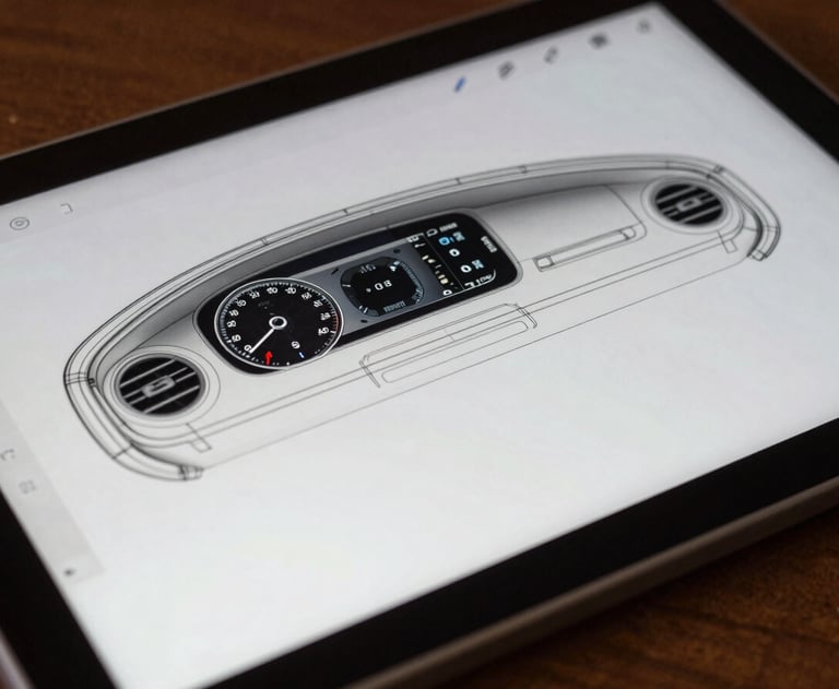 Close-up of a digital drawing tablet showing wireframe layouts of a dashboard, professional and artistic lighting.