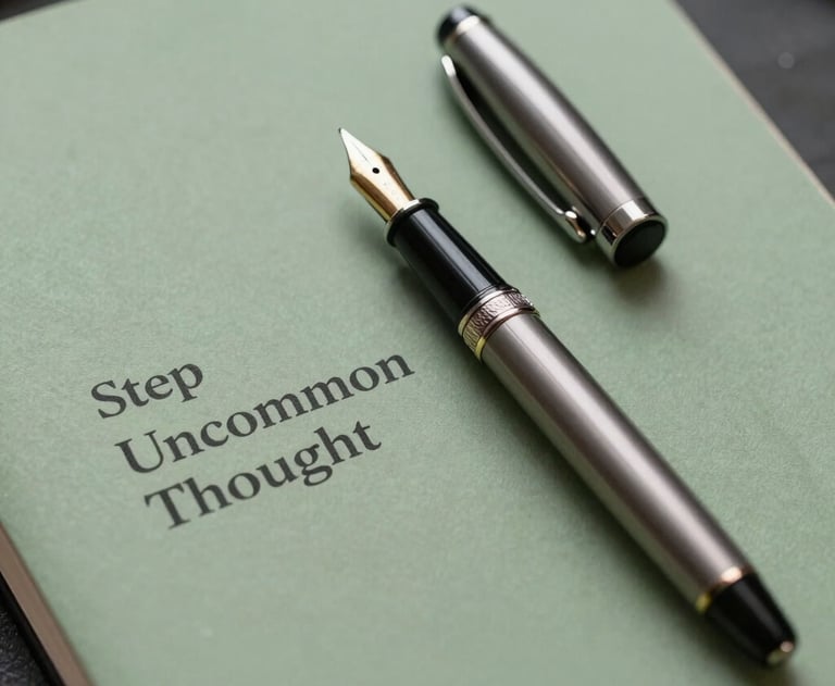 A close-up of a high-end fountain pen sitting on a sage green notebook, representing the 'Uncommon Thought' step of the creative process.