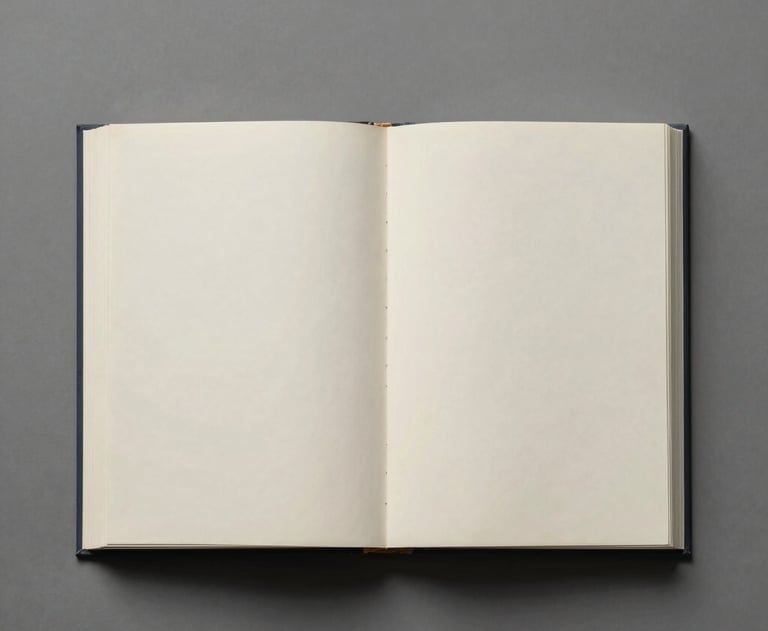 A minimalist studio shot of an open book with blank pages, softly illuminated from the side, symbolizing the 'uncommon thought' behind our concepts.