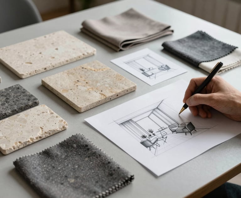 A moodboard on a light grey table featuring stone samples, fabric swatches in monochrome tones, and hand-drawn sketches of interior layouts.