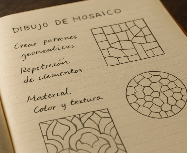 Close-up of a designer's notebook with handwritten notes in Spanish and small sketches of mosaic patterns, minimalist aesthetic.