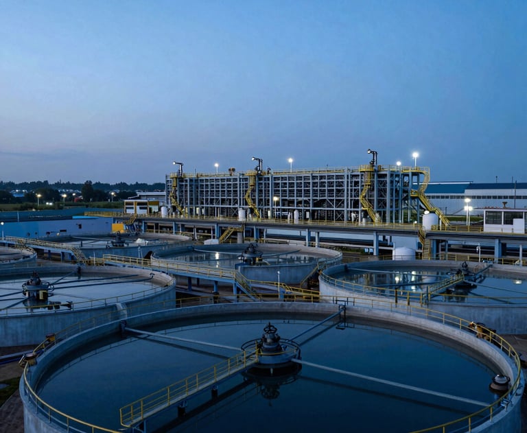 A wide shot of an International / Global water treatment plant at dusk. The blue and black tones of the architecture create a sense of reliability and strength.