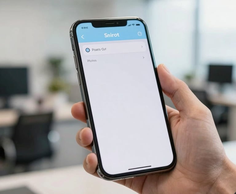 A professional smartphone held by a hand in a bright office. The screen shows a clean, user-friendly interface with light blue accents. Focus on the screen, soft lighting.