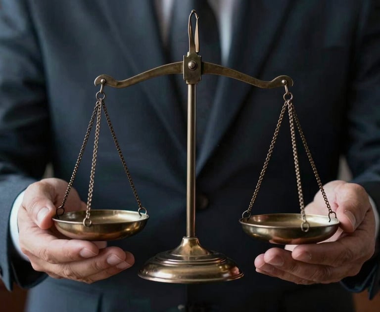 A close-up of a person's hands holding a pair of classic legal scales. Dark, dramatic lighting with steel blue accents. Symbol of justice and balance.