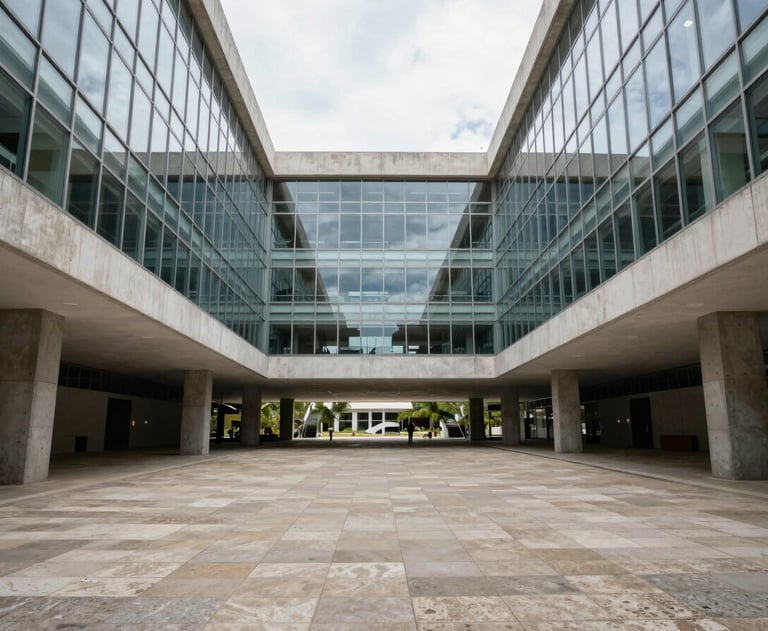 Wide, symmetrical shot of a modern Brazilian architectural space, featuring glass and concrete. Symbolic of clarity, structure, and the framework of the law.
