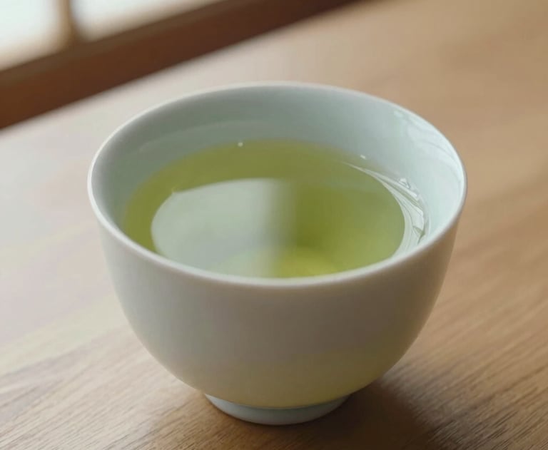 A close-up of a cup of green tea on a minimalist wooden table, soft light from a nearby window, representing the thoughtful and calm approach of Sakura.