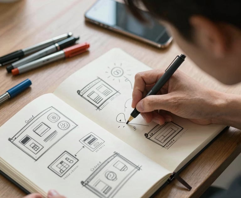 Overhead view of a person sketching interface ideas in a notebook, colored pens and a smartphone nearby, East Asian / Japanese creative process.