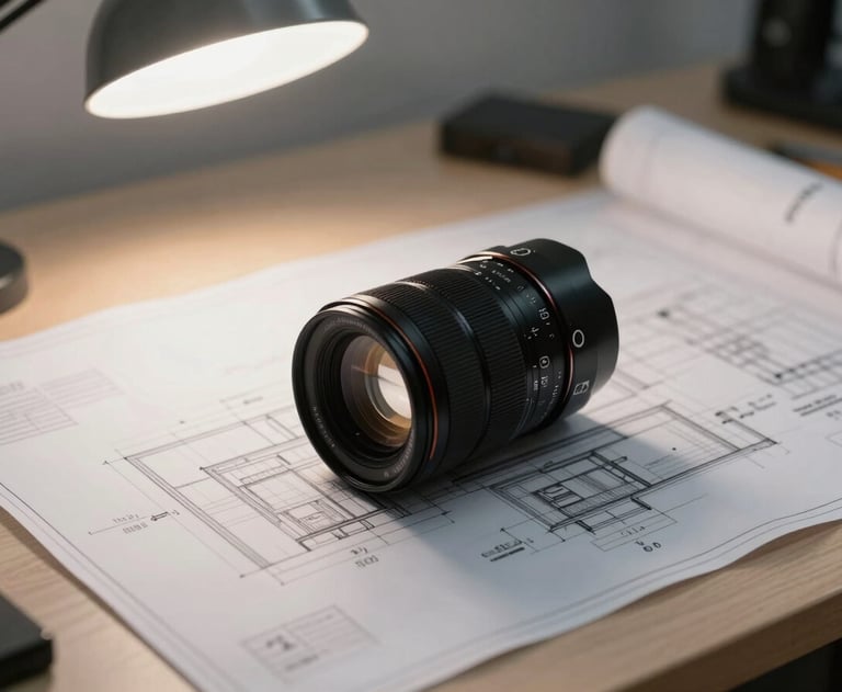 A photo of a drafting table with blueprints and architectural sketches, lit by a bright lamp. The composition is clean and technical.