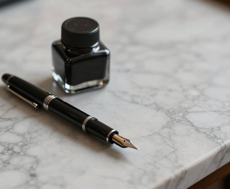 A close-up photograph of a professional marble desktop with a black inkwell and a fountain pen. The tone is formal and ceremonial.