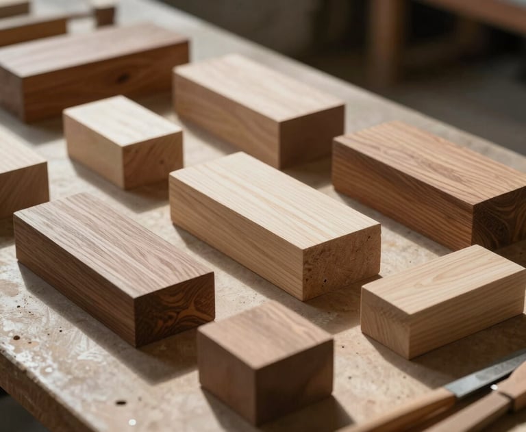 A collection of hand-carved blocks in various stages of completion, lying on a sun-drenched workbench.