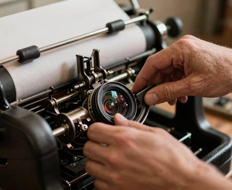 A close-up of the artist's hands using a traditional printing press in a warm, cinematic North American studio.