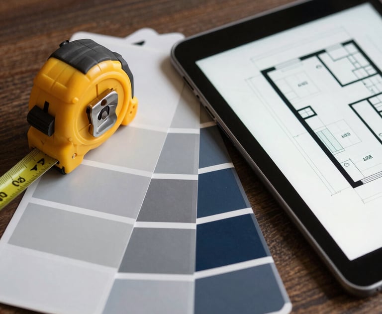 A stylized flat-lay image of modern interior design tools including a measuring tape, color swatches in gray and navy, and a digital tablet showing a floor plan.