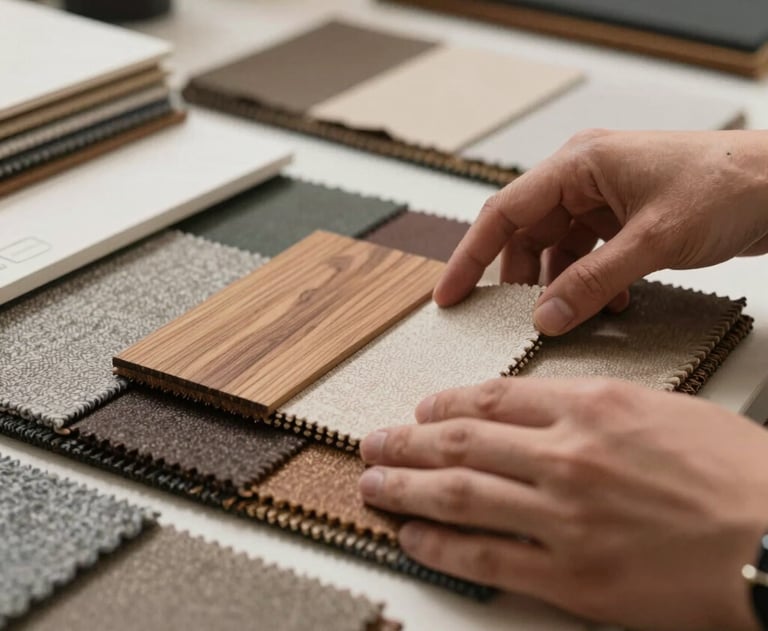 A close-up of a designer's hands reviewing high-quality wood and textile samples in a North American design studio, showing focus on texture and detail.
