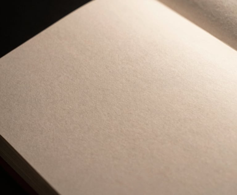 A focused shot of high-quality paper texture and minimalist layout design in a professional portfolio, dark environment with warm highlights.