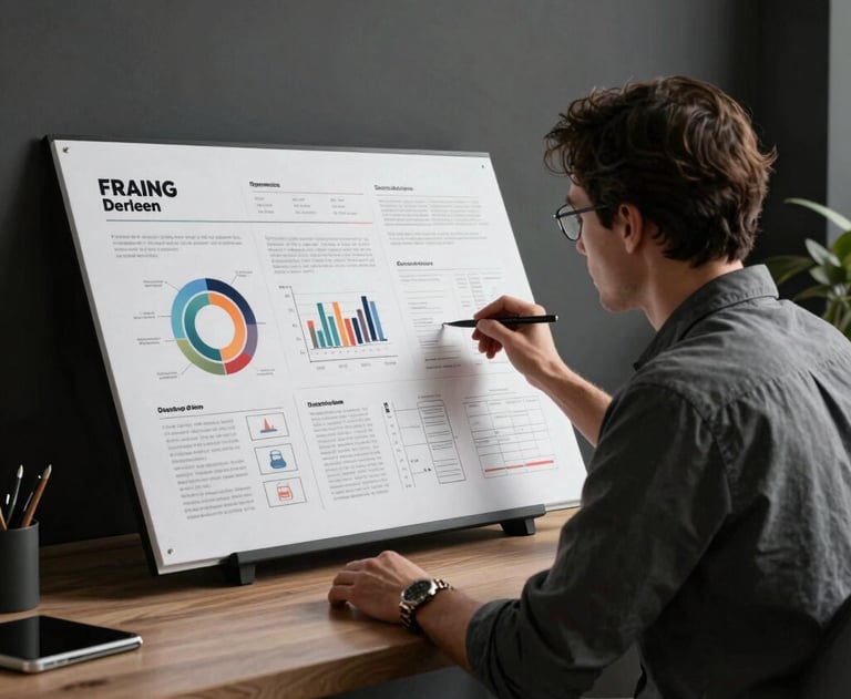 Professional Spanish designer in a dark minimalist office, looking at a large scale branding plan, soft side lighting, premium feel.