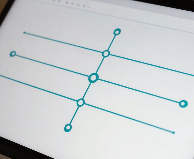 A clean, conceptual photo of a professional roadmap on a digital screen, with turquoise lines and markers. Minimalist, modern, and strategic aesthetic.
